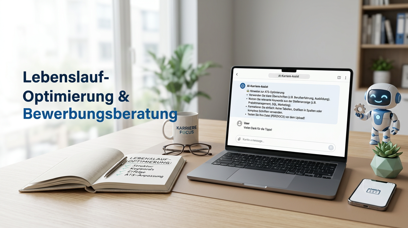 Laptop mit KI-Chat und Notizbuch Lebenslauf optimieren - KI-Prompt-Anleitung für ATS-optimierten Lebenslauf - Symbolbild (KI-generiert)