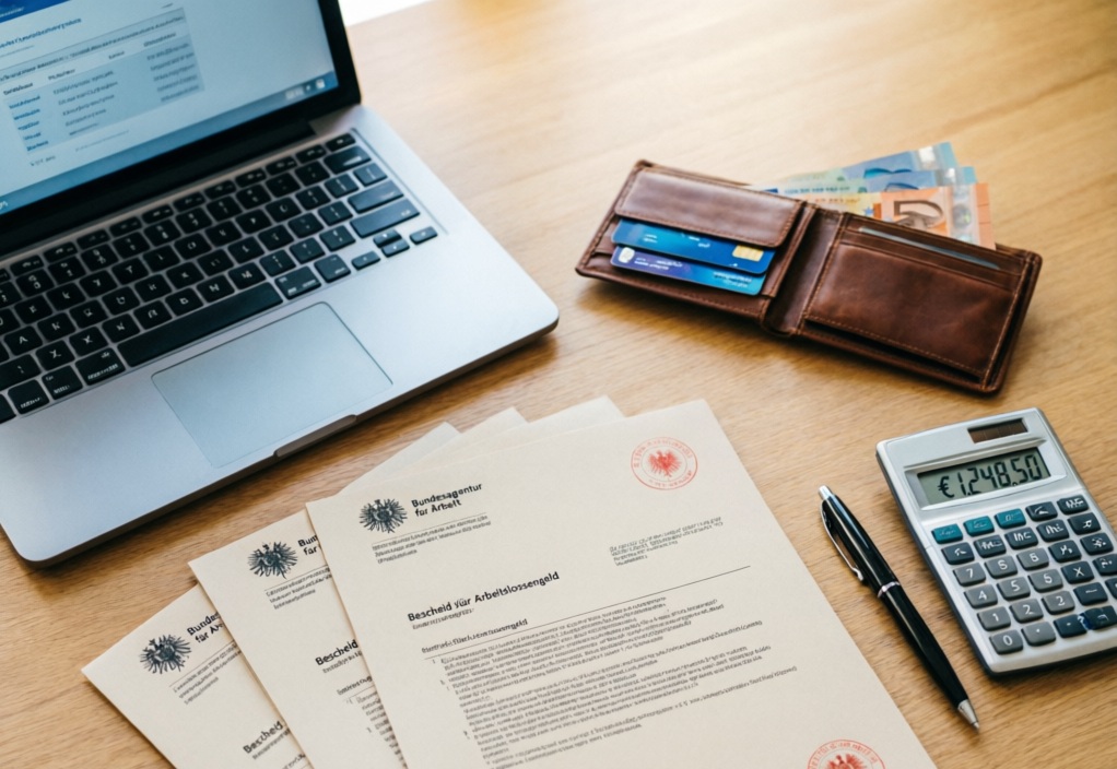 Arbeitslosengeld I - Dokumente, Rechner und Geld auf dem Schreibtisch - Symbolbild (KI-generiert)