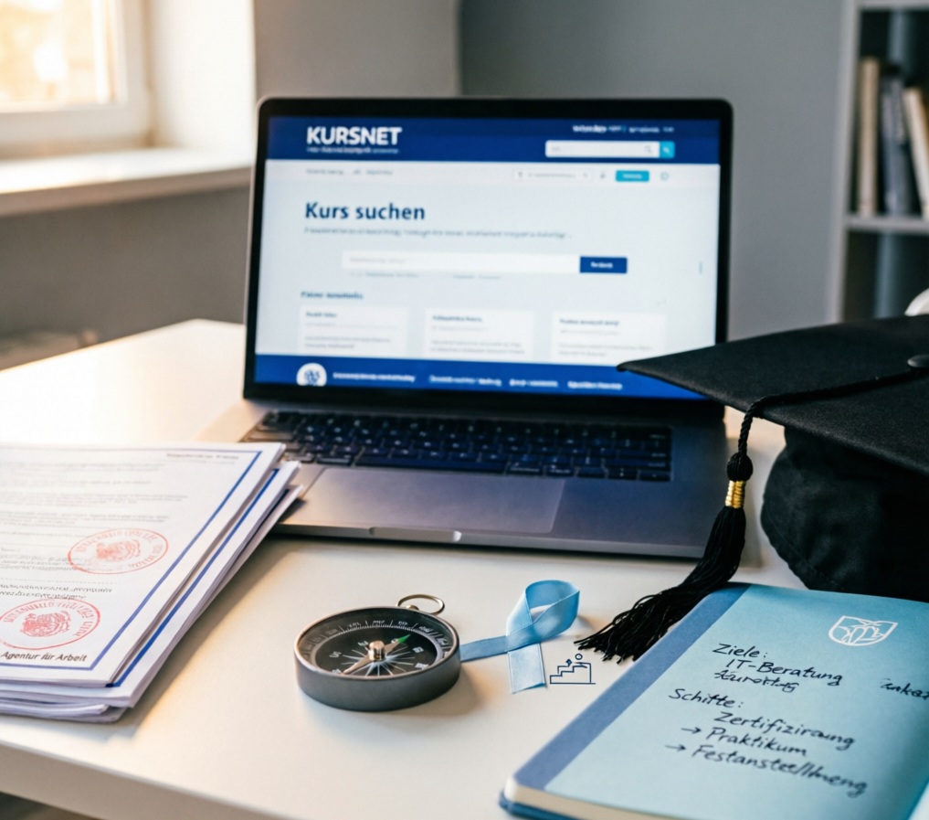 Bildungsgutschein und Weiterbildung - Dokumente, Laptop mit KURSNET und Karriereplanung - Symbolbild (KI-generiert)